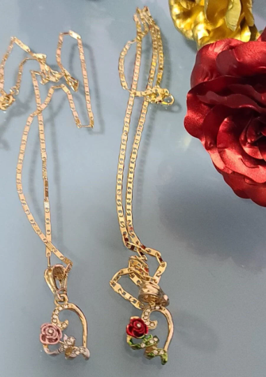 Miniatura: 14k Gold Plated Rose Flower Heart Necklace ~ Rosa Cadena Oro Laminado