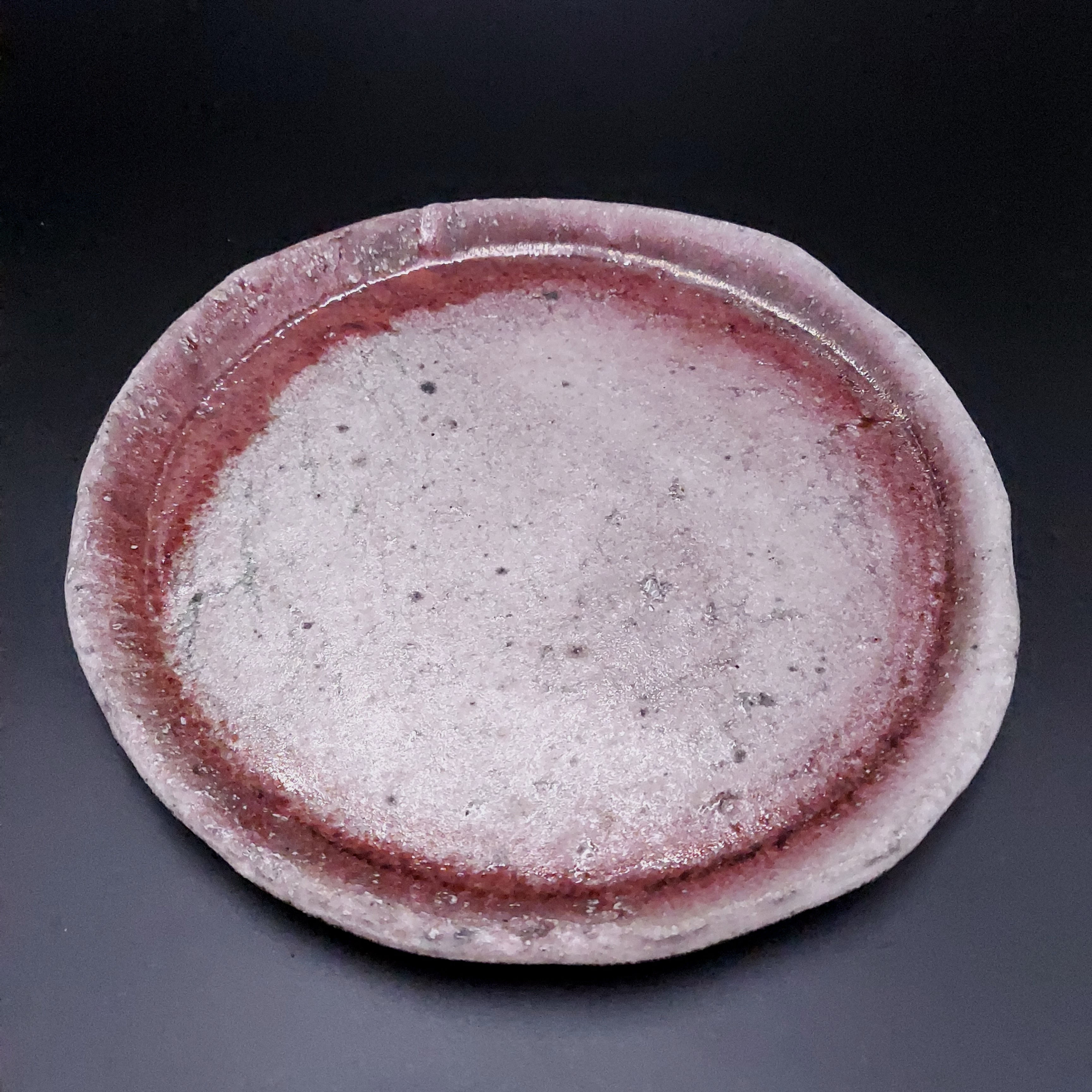 12 Inch Plate with Ash Glaze and Red Oribe