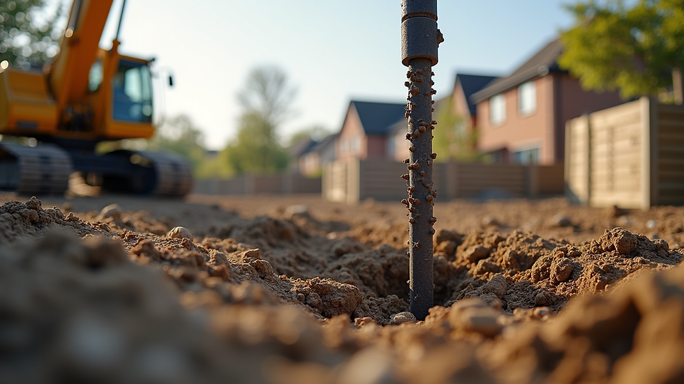 Eye-level view of mini piling rig drilling into the ground at a residential extension site