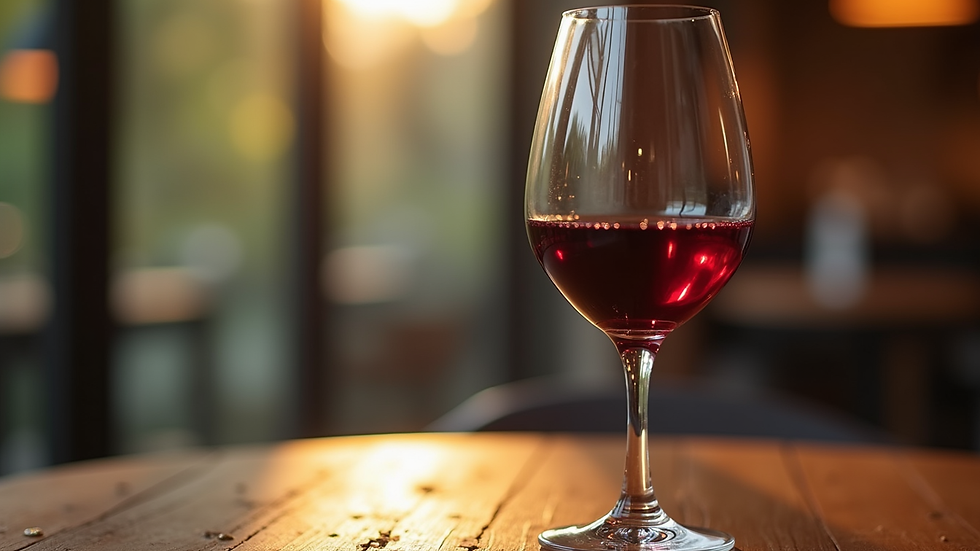 Eye-level view of a wine glass with red wine on a wooden table