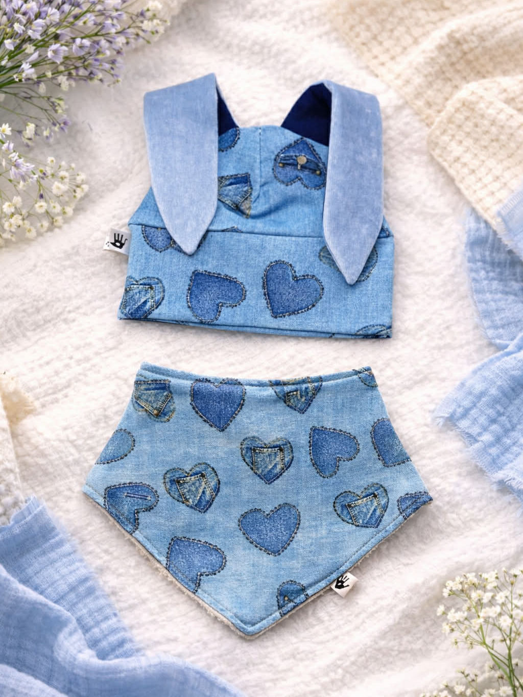Bunny Ear Hat and Bandana Bib Set - Demin heart pattern
