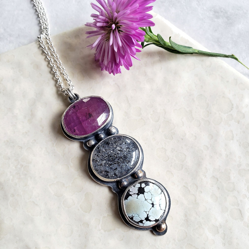 gem totem: ruby sapphire, black sunstone, giraffe turquoise