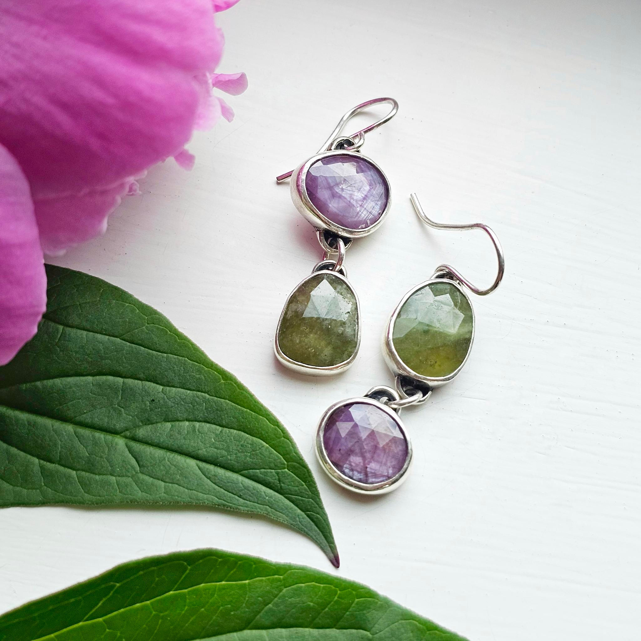doublegem earrings: raw ruby & serpentine