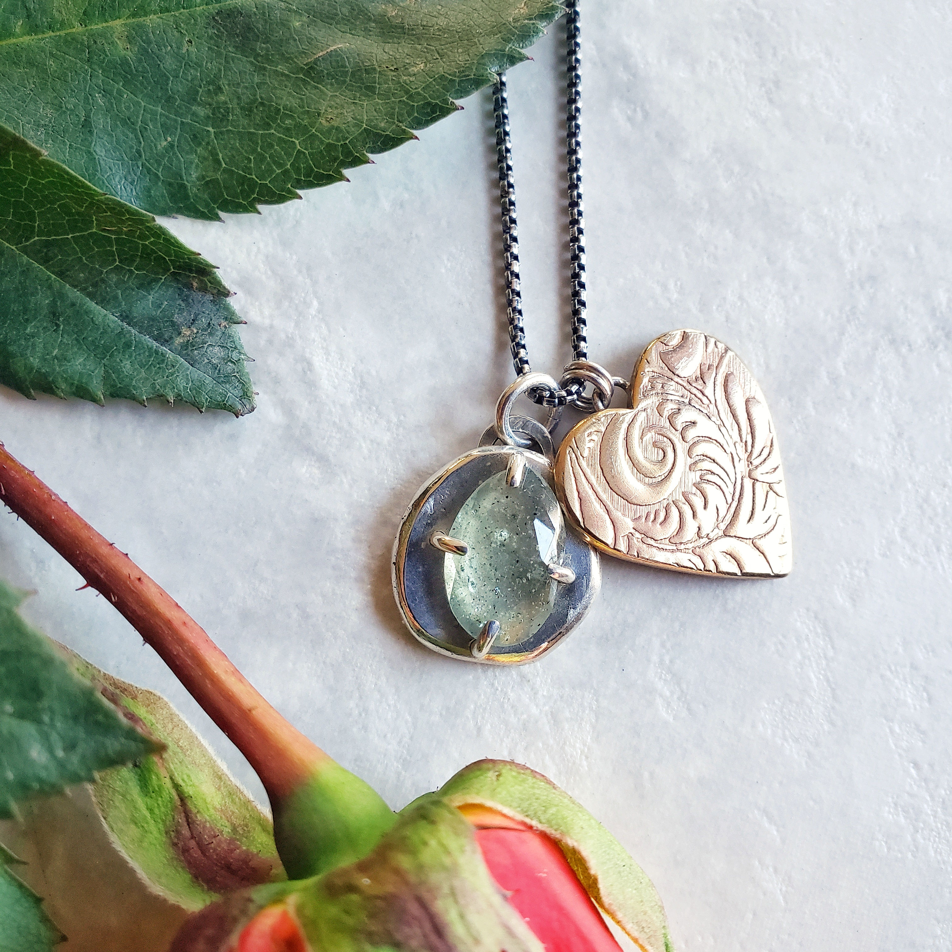 moss aquamarine pebble & scrollwork heart
