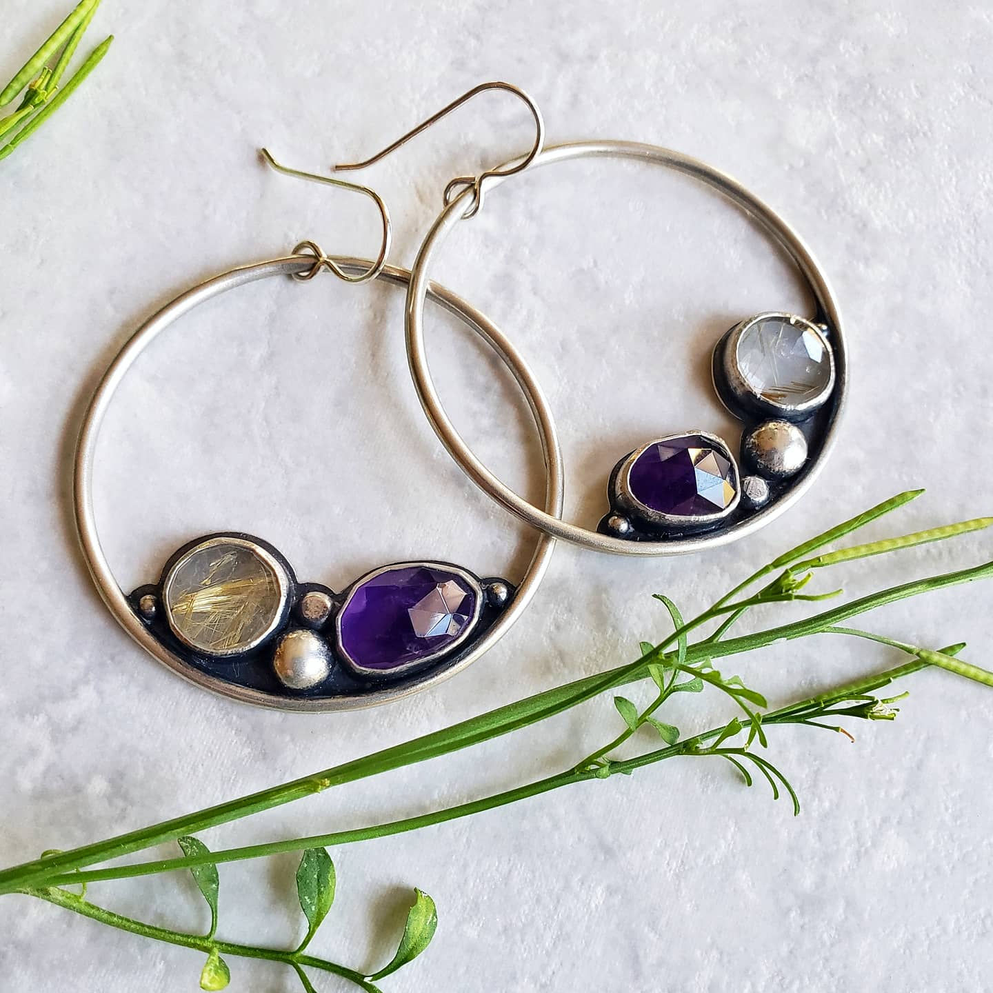 magpie hoops: amethyst & rutile quartz