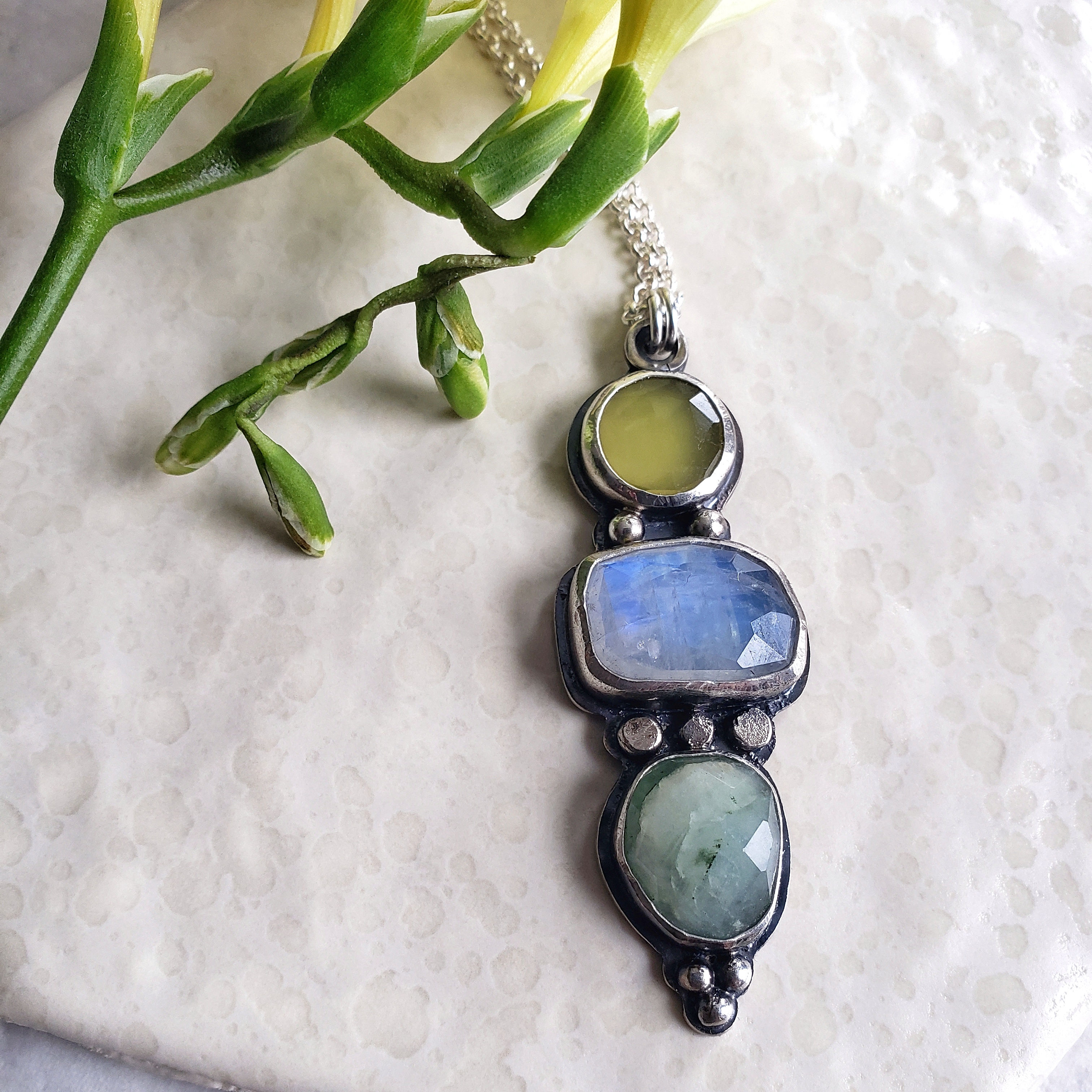 gem totem: chalcedony, moonstone, aquamarine