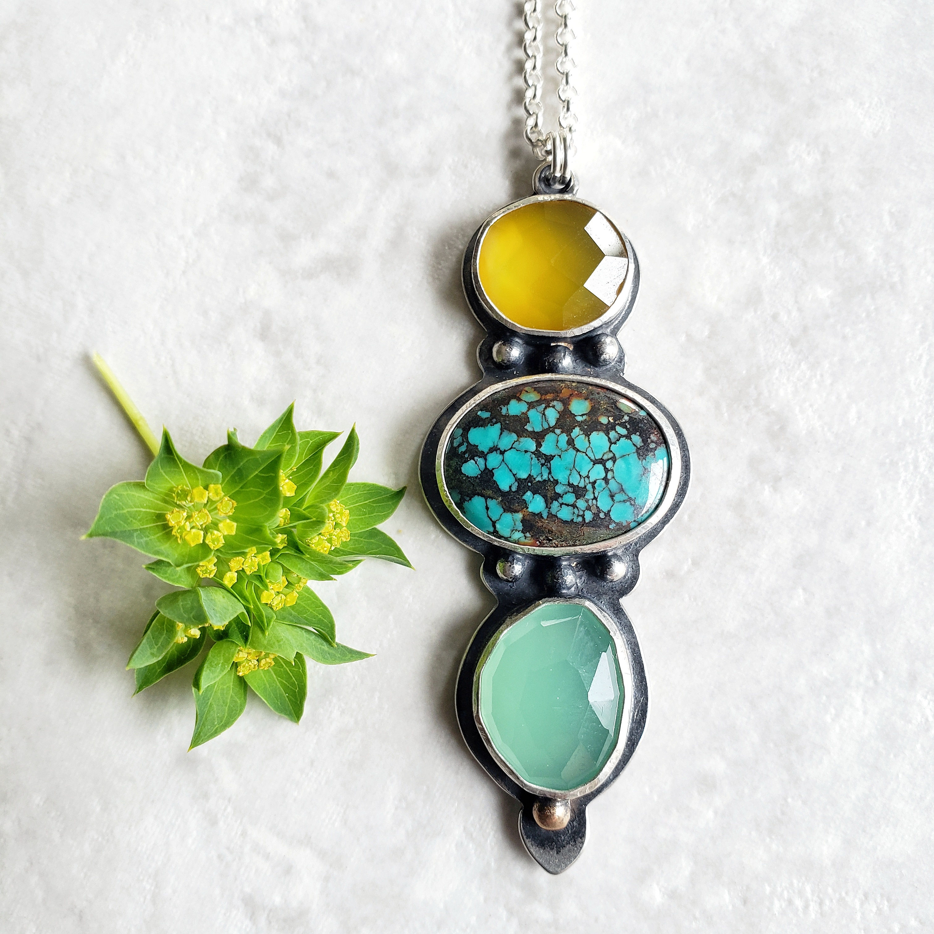 gem totem: yellow chalcedony, turquoise, aqua chalcedony
