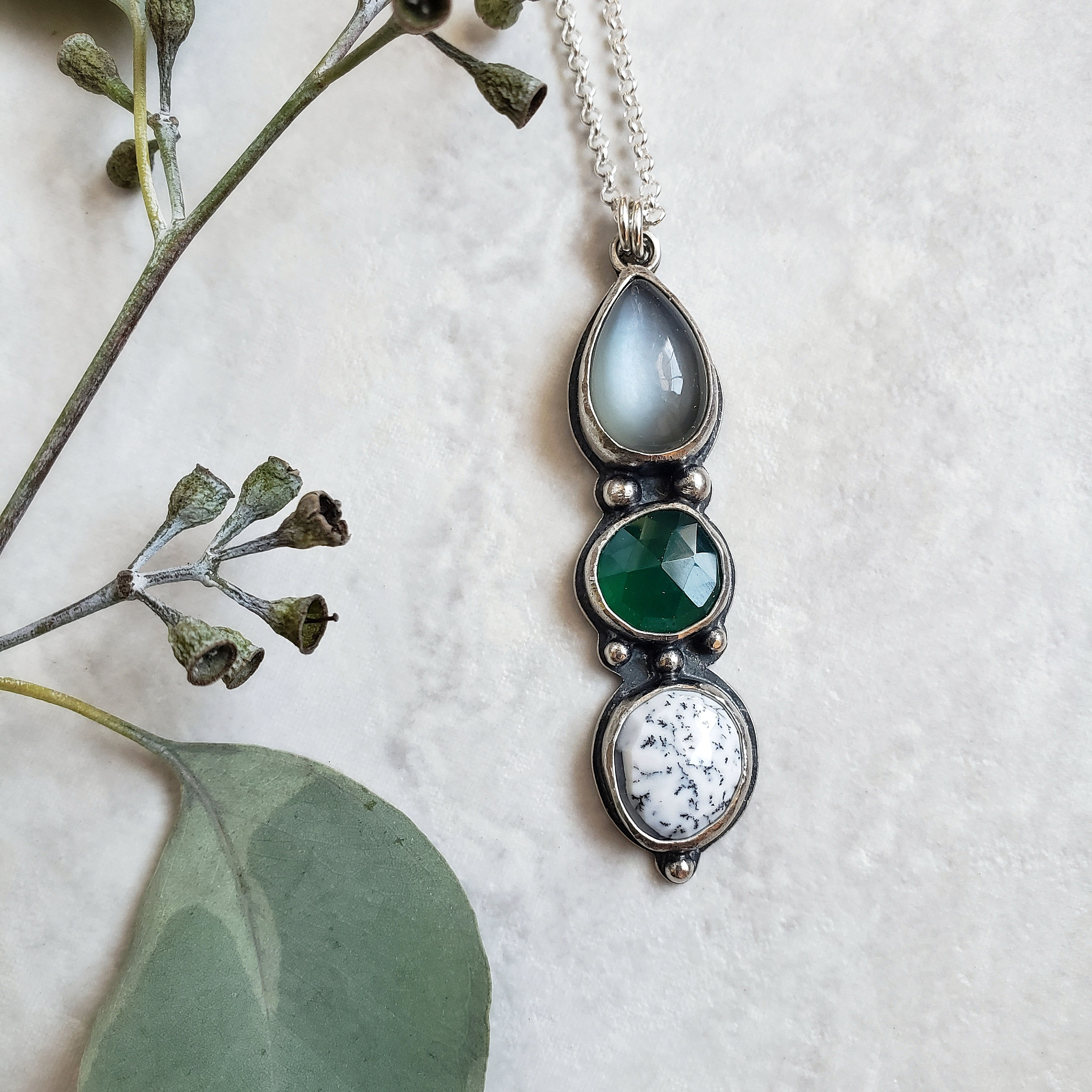 gem totem: grey moonstone, green onyx, dendrite opal