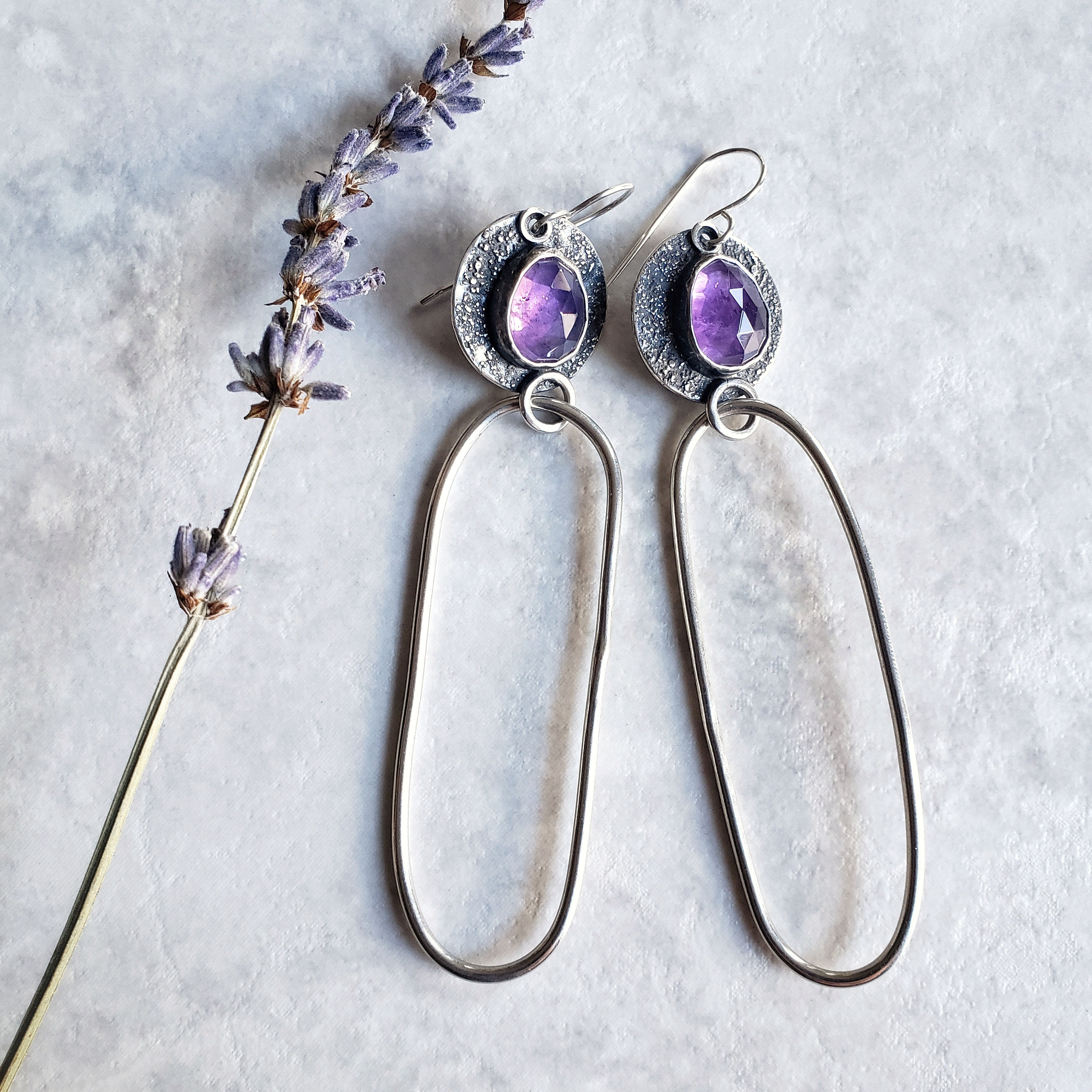 stardust amethyst: elongated hoops