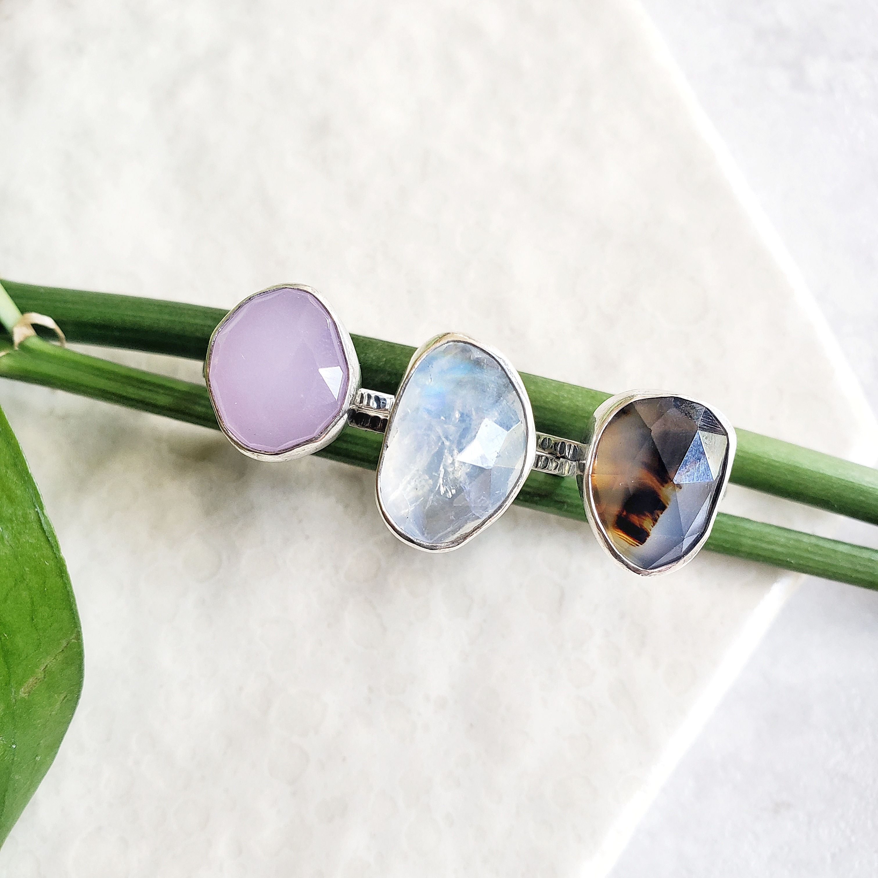 gemmy stackers: pink chalcedony, moonstone, or montana agate