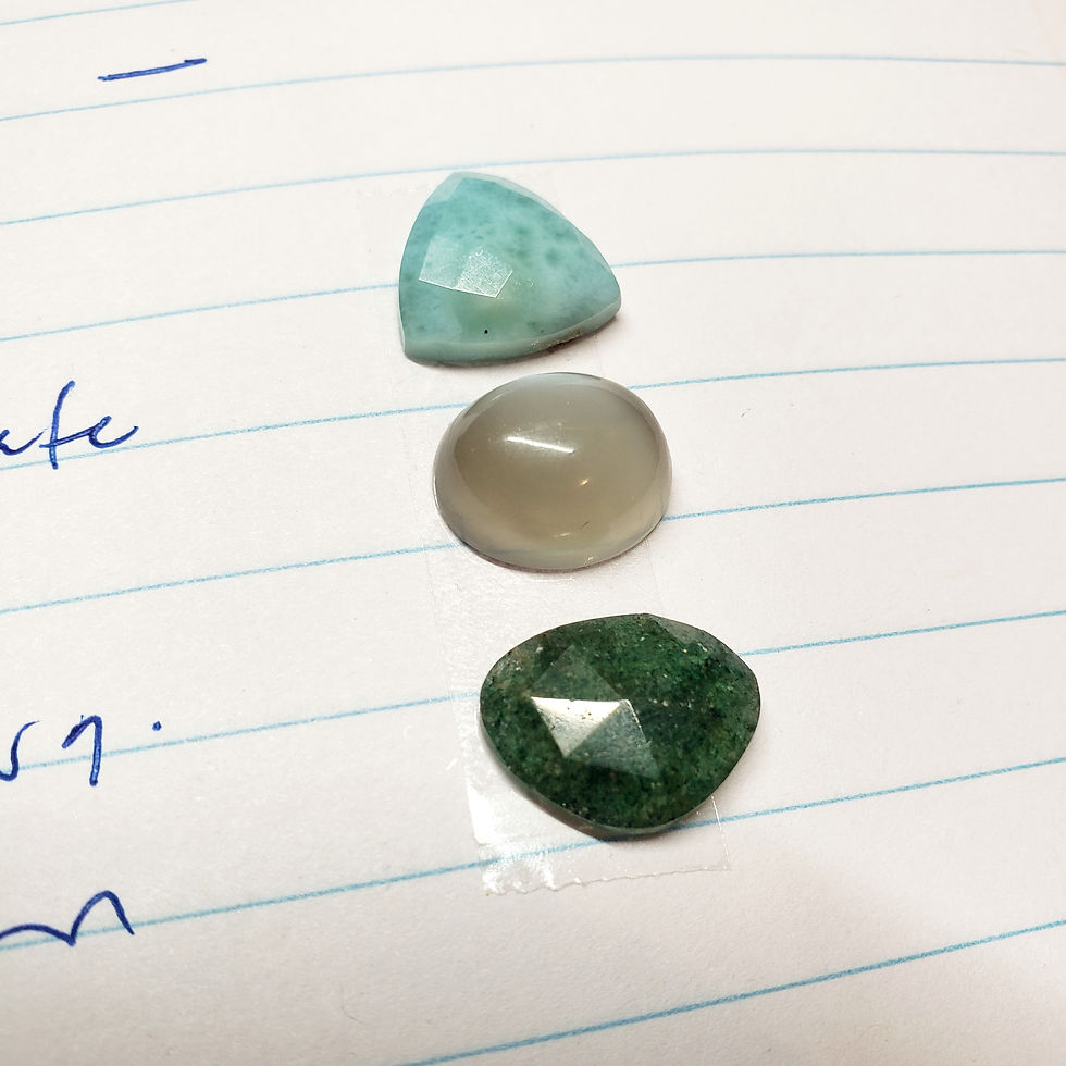 gem totem: larimar, grey moonstone, vesuvianite