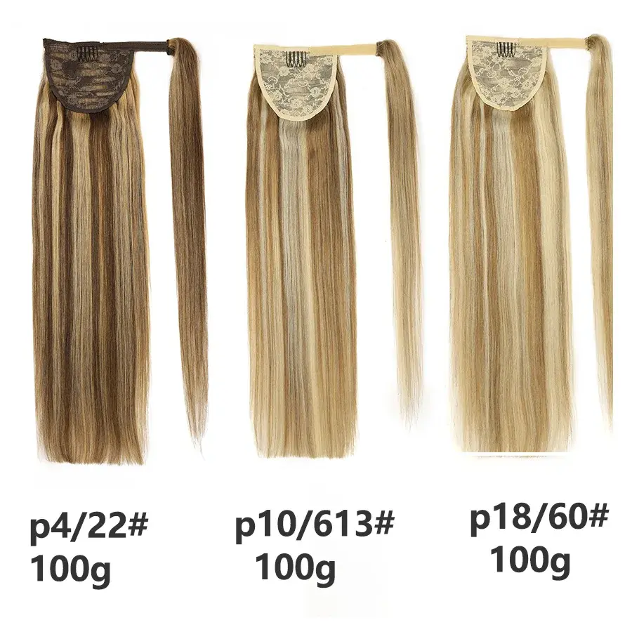 Thumbnail: Straight Human Hair Ponytail Extensions 100% Virgin Natural Brazilian Remy Wrap