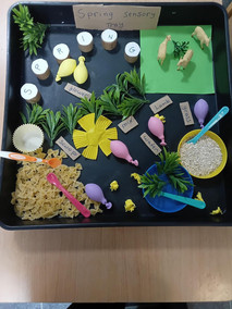 A tray with rice, pasta pipettes and spoons