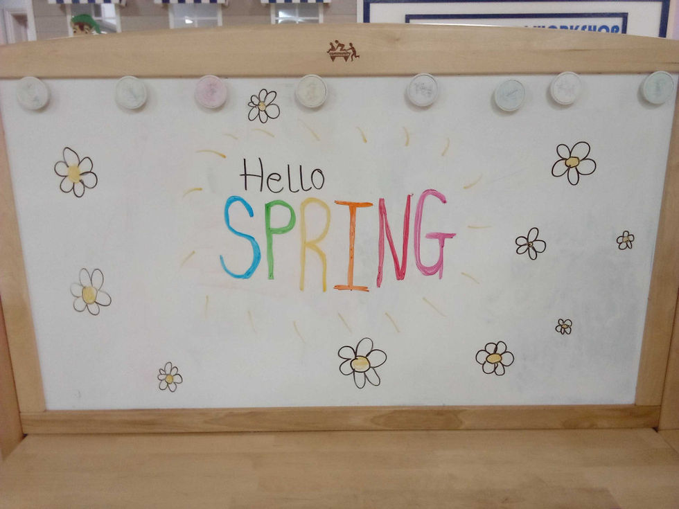 A white board with the words 'hello Spring' and flowers drawn on it.