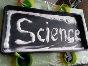 a tray with the word science written in foam