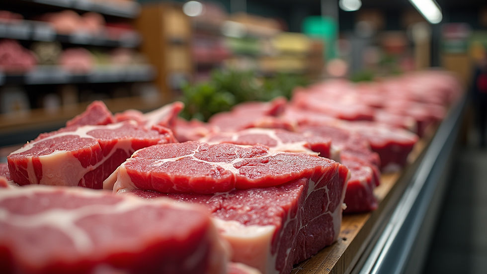 Eye-level view of supermarket meat section with various steak cuts