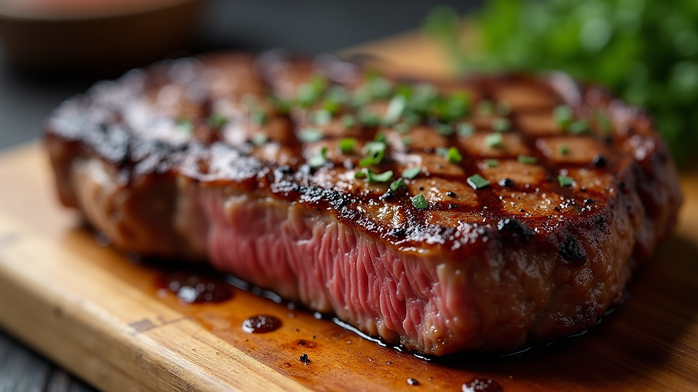 Close-up view of a grilled ribeye steak on a wooden board