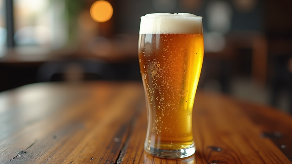 Close-up view of a glass of craft beer with foam on top, placed on a wooden table