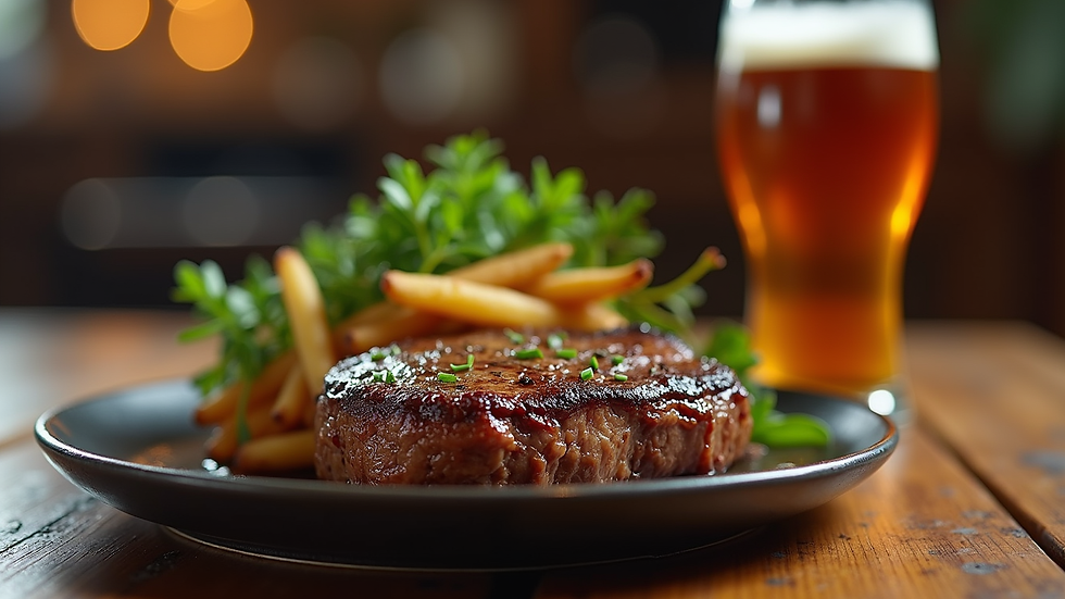 Close-up view of a steak dinner with a glass of amber ale on a wooden table