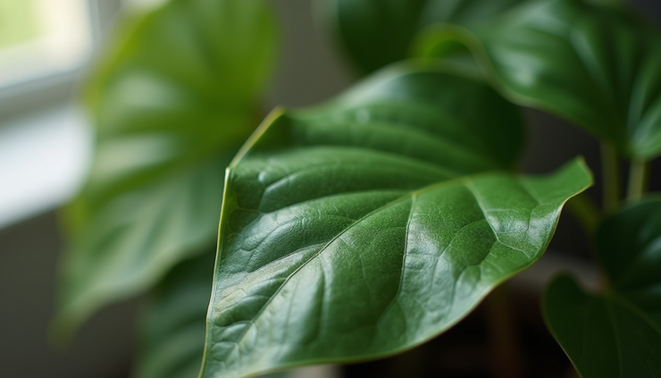 Close-up view of a healthy green indoor plant leaf with natural shine