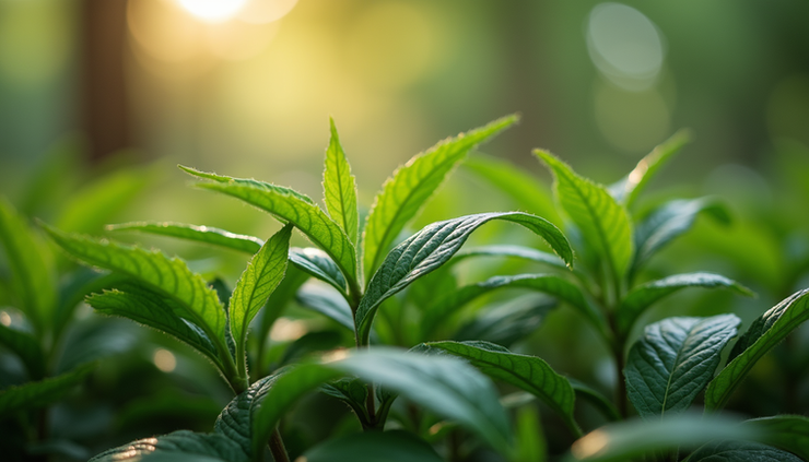 Eye-level view of outdoor garden plants with glossy leaves after neem oil application