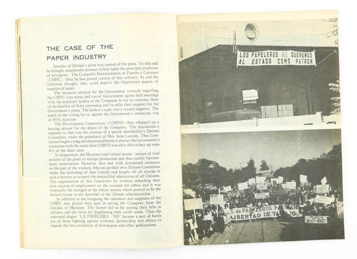 Three years of destruction is a photo book by various photographers on Chile protest published by Asimpres, Asociación Impresores de Chile,Santiago de Chile, Chile,1973