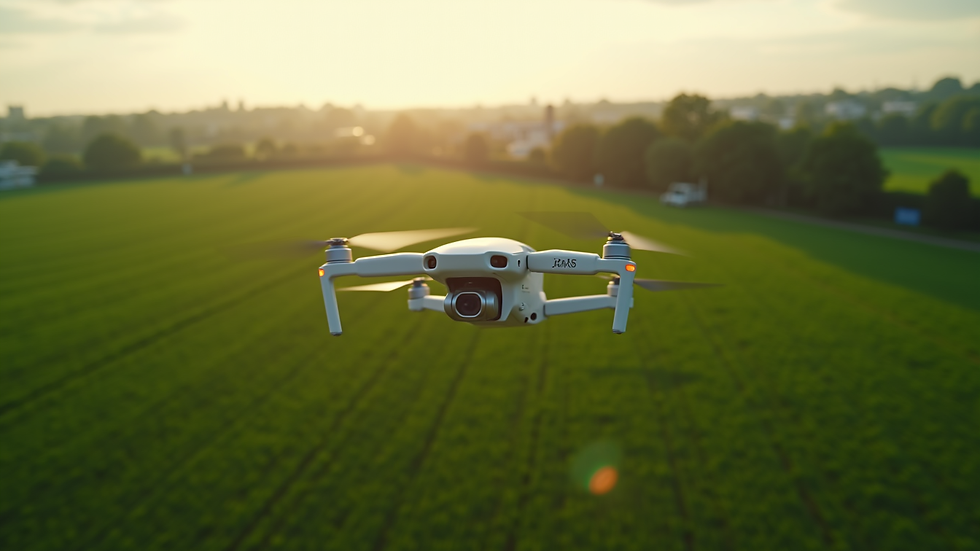 High angle view of a drone flying over a green field