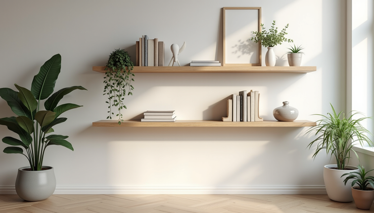 Eye-level view of KovaScape floating shelves mounted on a living room wall with decorative items
