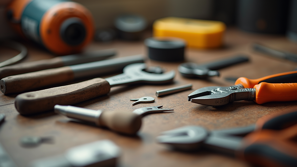 Eye-level view of a basic home repair toolkit laid out on a wooden table