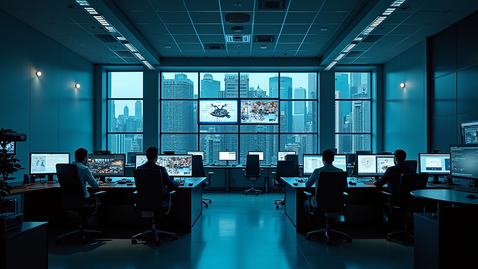 High angle view of a security control room with multiple monitors