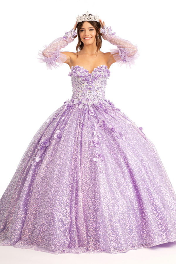 Thumbnail: Sweetheart Neckline 3D Floral Applique Sequin Quin