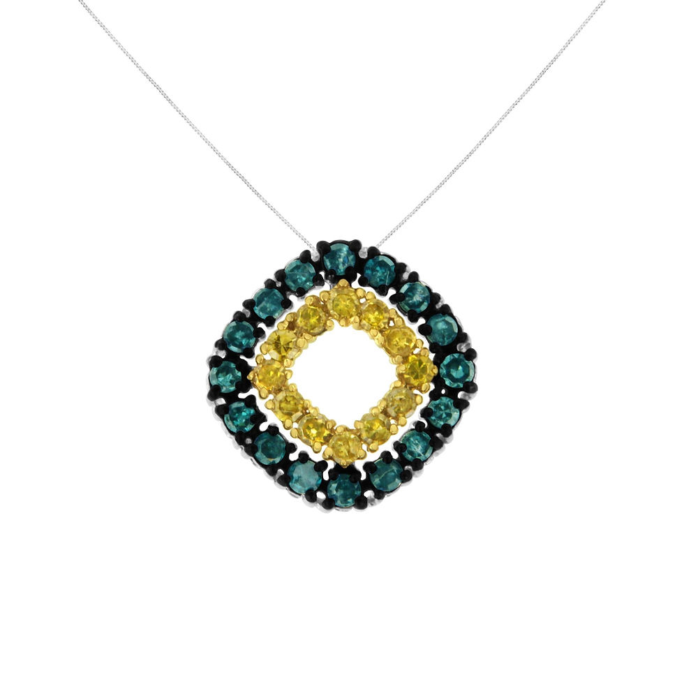 Thumbnail: .925 Sterling Silver 1/2 Cttw Treated Blue and Yellow Diamond Double Square 18" 