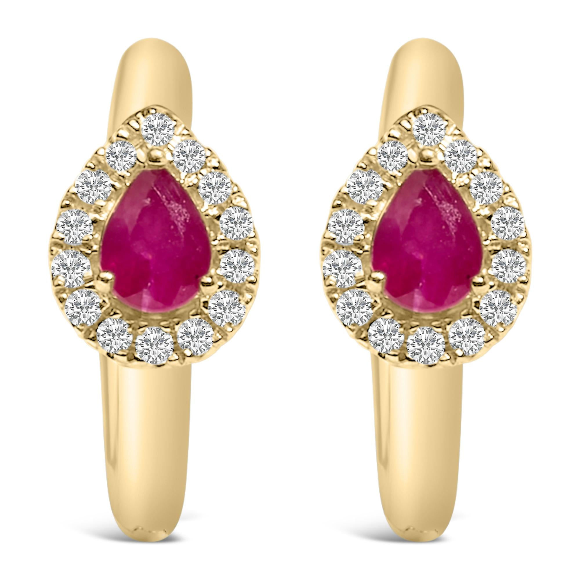 10K Yellow Gold Pear Cut Red Ruby 4x3 mm and 1/10 Cttw Round Diamond Huggy Earri