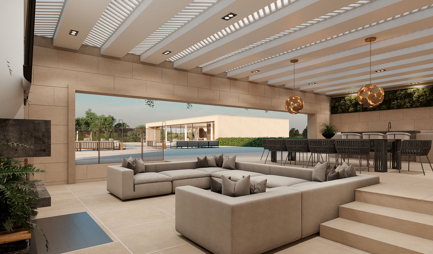 View from the inside of Aura Westmill's outdoor outhouse, looking towards the glass sliding doors of the top floor. The image illustrates the seamless integration of indoor and outdoor living spaces, showcasing the property's modern design amidst the peaceful scenery of Hertfordshire.