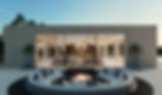 An inviting fire pit with Aura Westmill's glass top pod living area in the background, showcasing the seamless blend of outdoor and indoor luxury living.