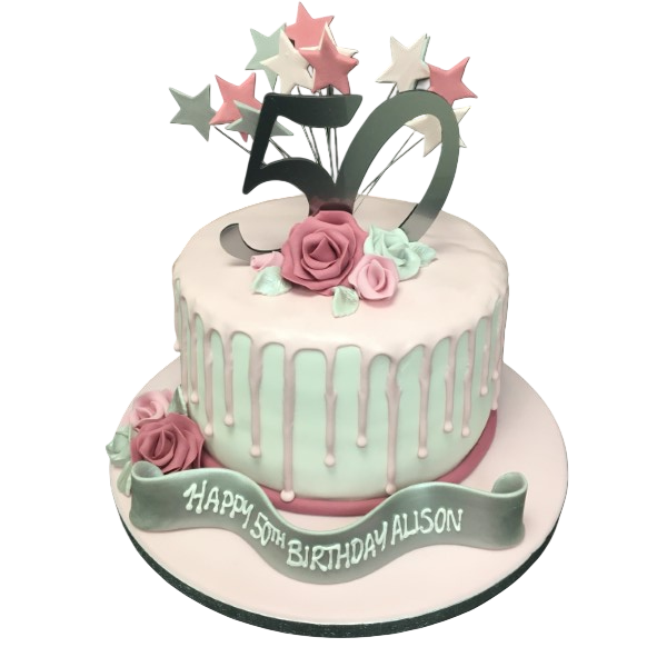 Bespoke celebration cake with white drip, pink roses, and gold shooting stars in Solihull, West Midlands.