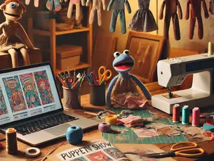 「人形劇パフォーマーの作業机。木製のデスクには、子ども向け公演のカラフルなチラシ、ハサミやのり、布の切れ端が広がっている。そばには途中まで仕上げた人形やミシン、広報用のSNSが開かれたノートパソコンが置かれ、温かな光に包まれた作業空間が広がる。人物は写っておらず、静かな準備の時間が感じられる。」