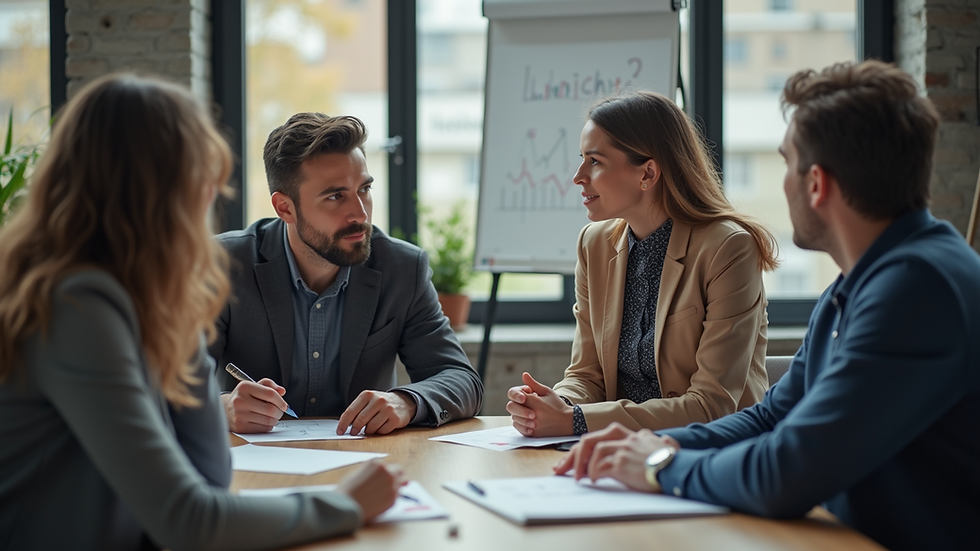 Eye-level view of a diverse group of people discussing marketing strategies