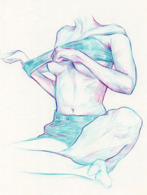 Figure drawing in blue and purple colored pencil by artist Alexis Bocelli.