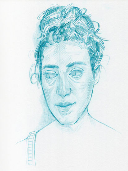 Self-portrait in blue colored pencil by artist Alexis Bocelli.
