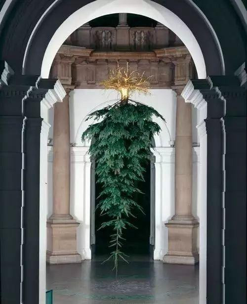 聖誕樹倒吊在屋頂上