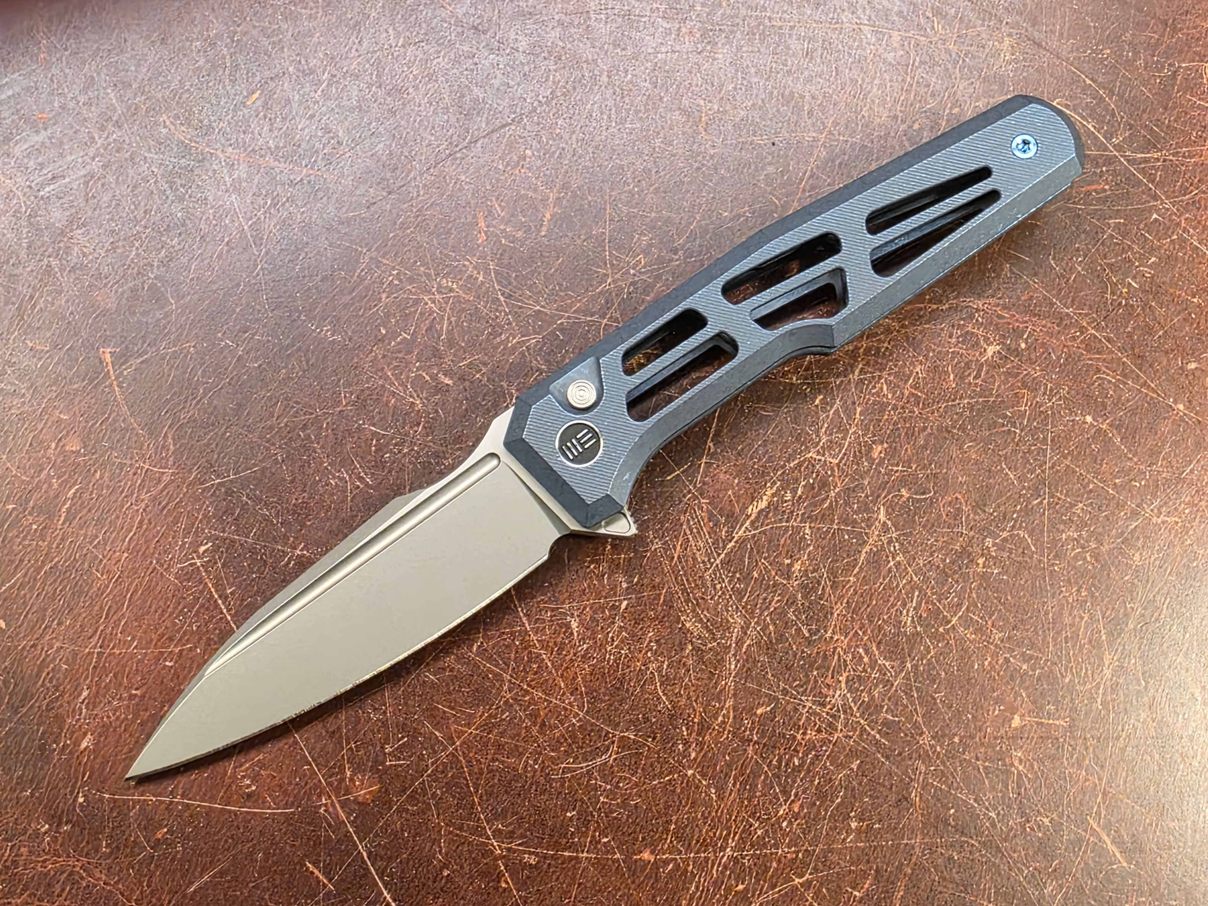 WE Knife Co. Dressytak Button Lock Knife Skeletonized Blue Ti (3.4" Stonewash)