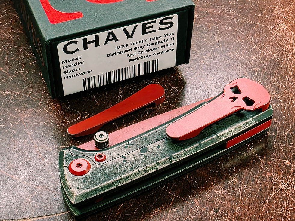 Thumbnail: Chaves Knives RCK9 Fanatic Edge Mod Distressed Gray Cerakote Ti Red M390
