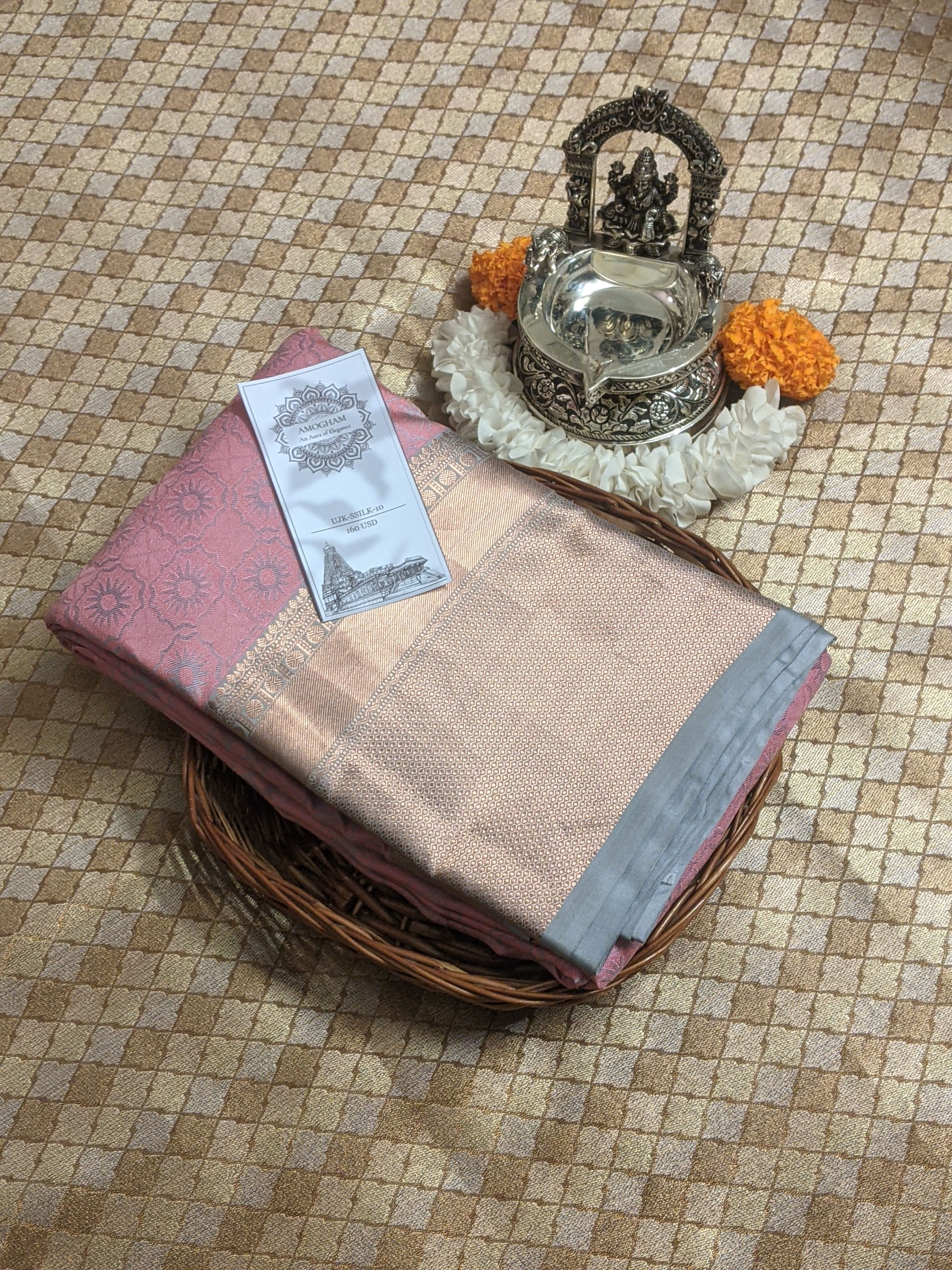 Kanchipuram Type Pastel Pink Saree with Light Ash Color Border and Silver Jari