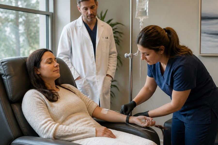 A patient resting in a chair during a professional ketamine therapy infusion session in a calm clinic room.