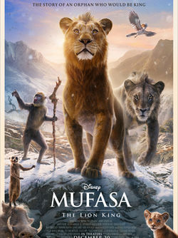 African animals gathered around lion with sunset behind