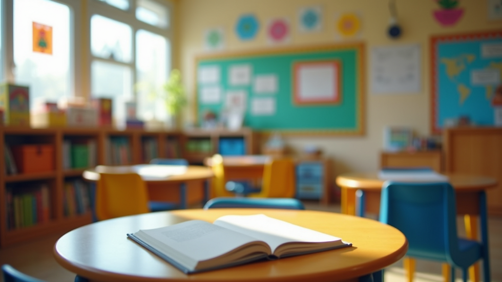 Eye-level view of a colorful classroom with Christian-themed decorations and learning materials