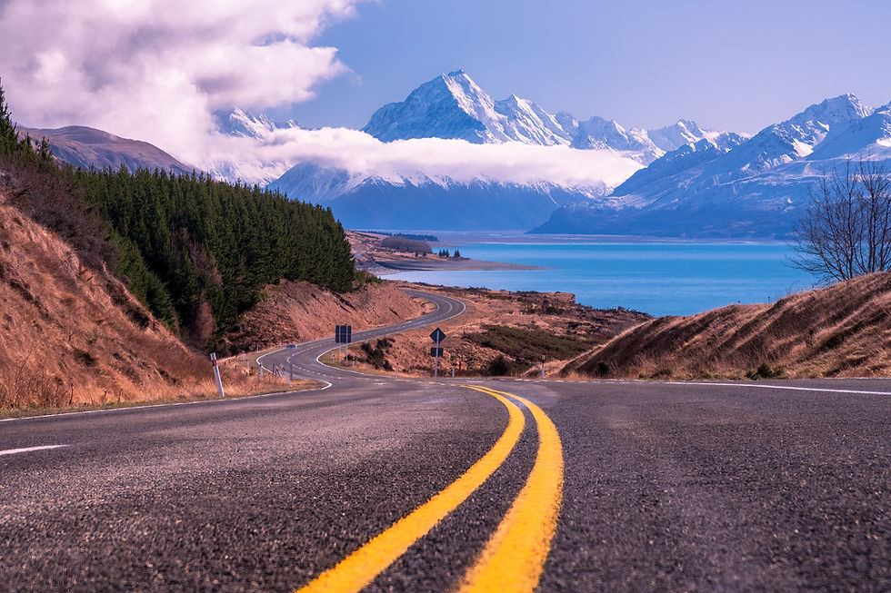 Mt Cook and the winding road of Highway 80 on a gorgeous sunny day.