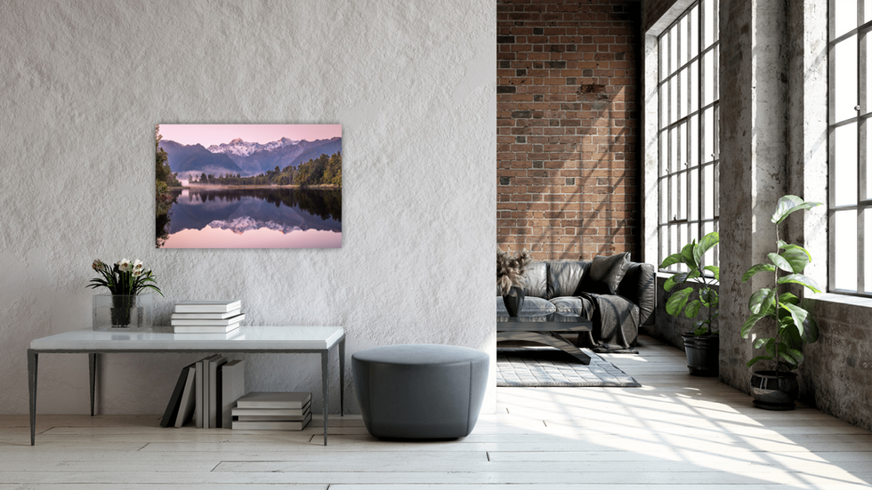 View of the mountain and lake image placed behind an entry table.