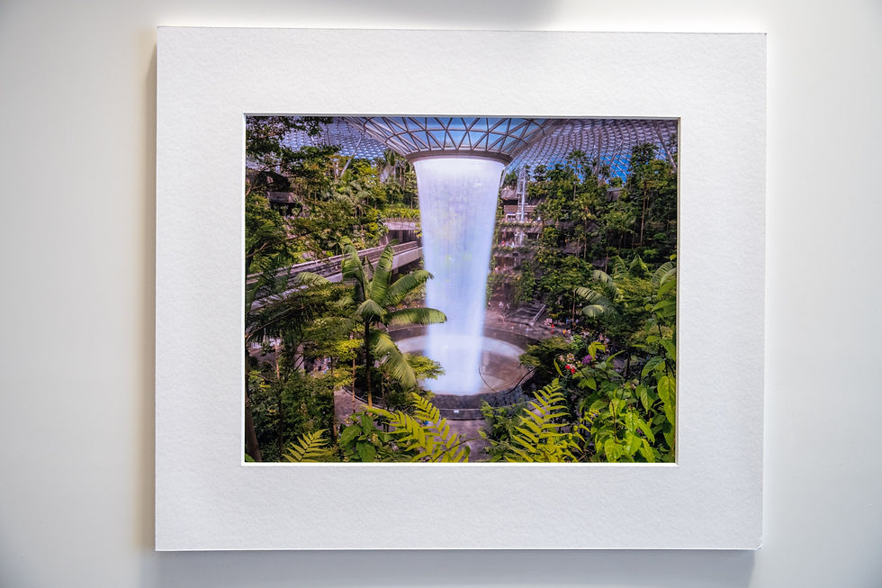 Example framed image of the indoor Rain Vortex at Jewel Changi Airport in Singapore is the world's tallest indoor waterfall.